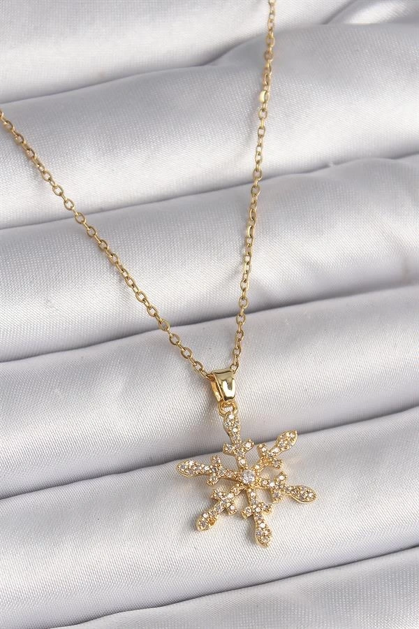 316L Çelik Gold Renk Zincir Zirkon Taşlı Kar Tanesi Model Kadın Kolye