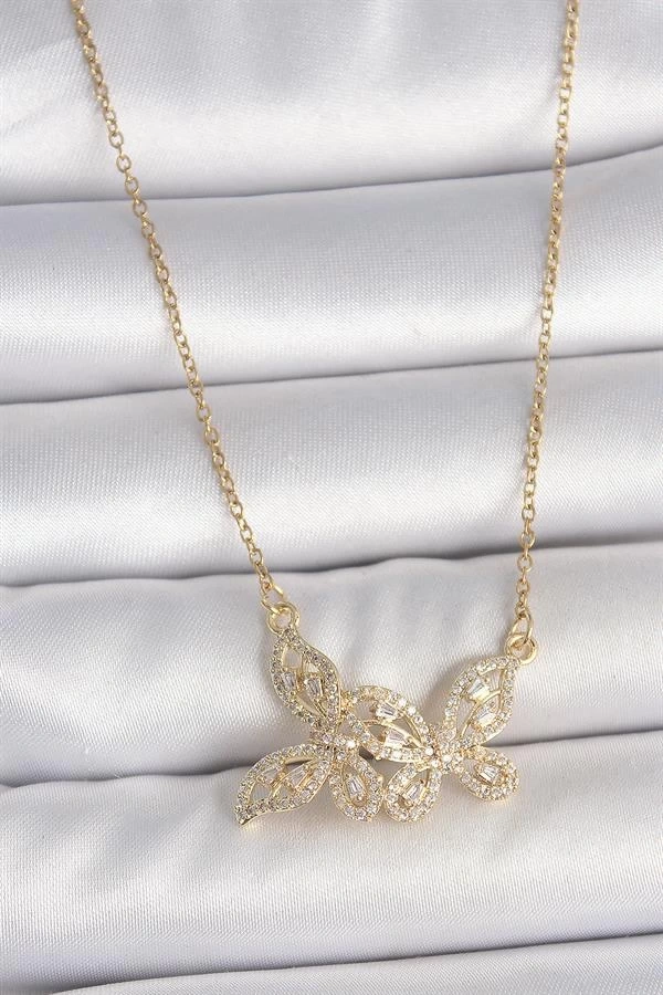 316L Çelik Gold Renk Zincir Zirkon Taşlı Kelebek Model Kadın Kolye
