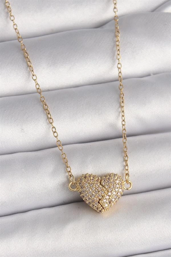 316L Çelik Gold Renk Zincir Zirkon Taşlı Mıknatıslı Kalp Model Kadın Kolye
