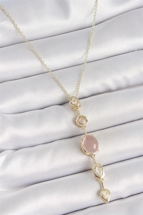 316L Çelik Gold Renk Zincir Zirkon Taşlı Pembe Mineli Y Model Dekolta Kadın Kolye