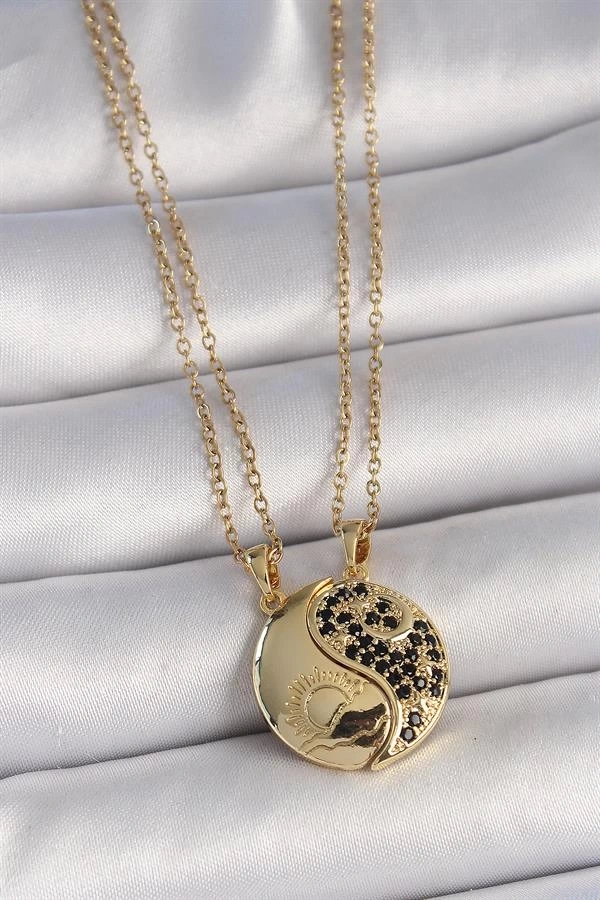 316L Çelik Gold Renk Zincir Zirkon Taşlı Ying Yang Model Gün Batımı İşlemeli Arkadaşlık Kadın Kolye