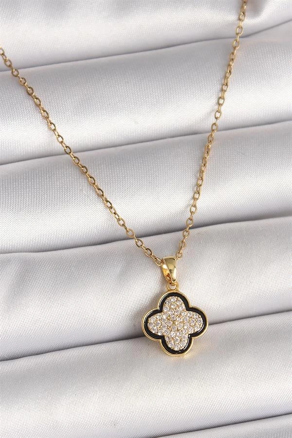 316L Çelik Gold Renk Zincir Zirkon Taşlı Yonca Model Kadın Kolye