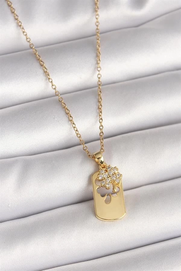316L Çelik Gold Renk Zincir Zirkon Taşlı Yonca Model Kadın Kolye