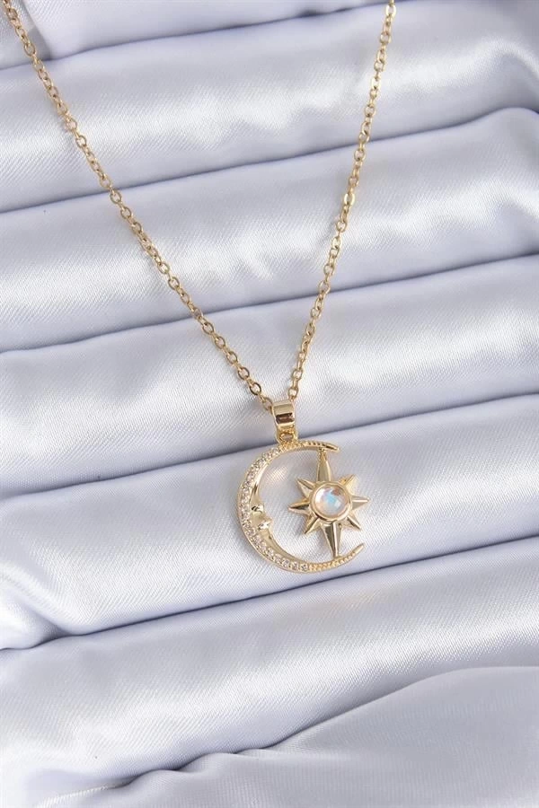 316L Çelik Gold Renk Zirkon Taşlı Ay Yıldız Model Kadın Kolye