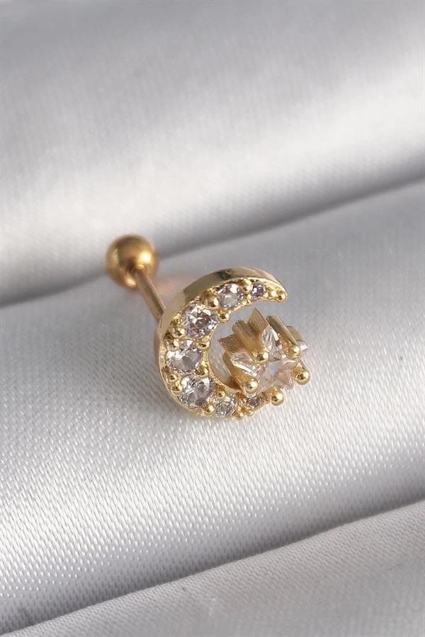 316L Çelik Gold Renk Zirkon Taşlı Ay Yıldız Tragus Piercing
