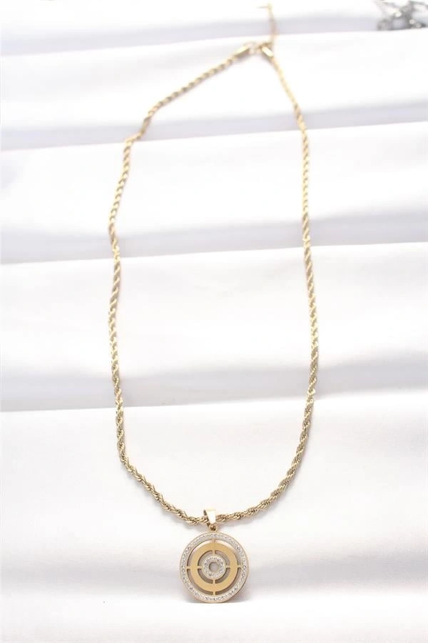 316L Çelik Gold Renk Zirkon Taşlı Burgu Zincirli Kolye