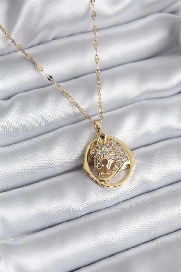 316L Çelik Gold Renk Zirkon Taşlı Jaguar Model Kadın Kolye