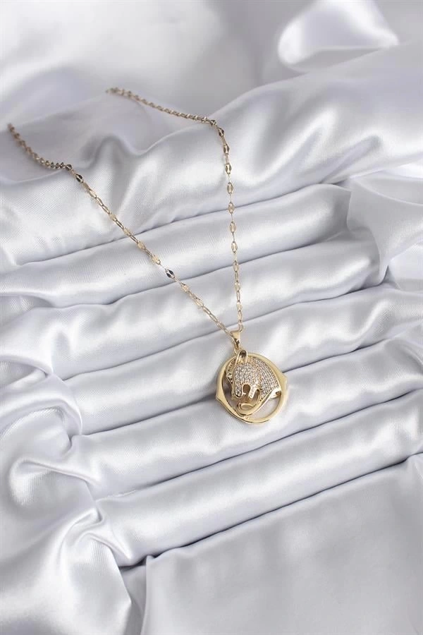 316L Çelik Gold Renk Zirkon Taşlı Jaguar Model Kadın Kolye