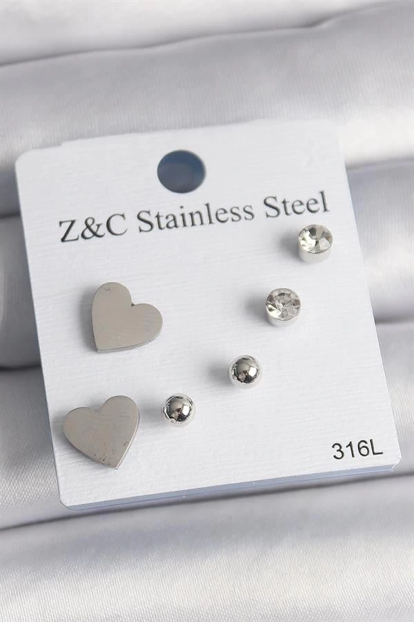 316L Çelik Gold Renk Zirkon Taşlı Kalpli Kadın Küpe Seti