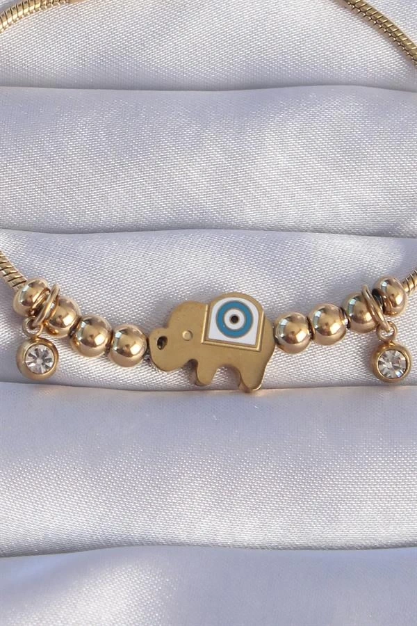 316L Çelik Gold Renk Zirkon Taşlı Nazarlı Fil Tasarımlı Bileklik