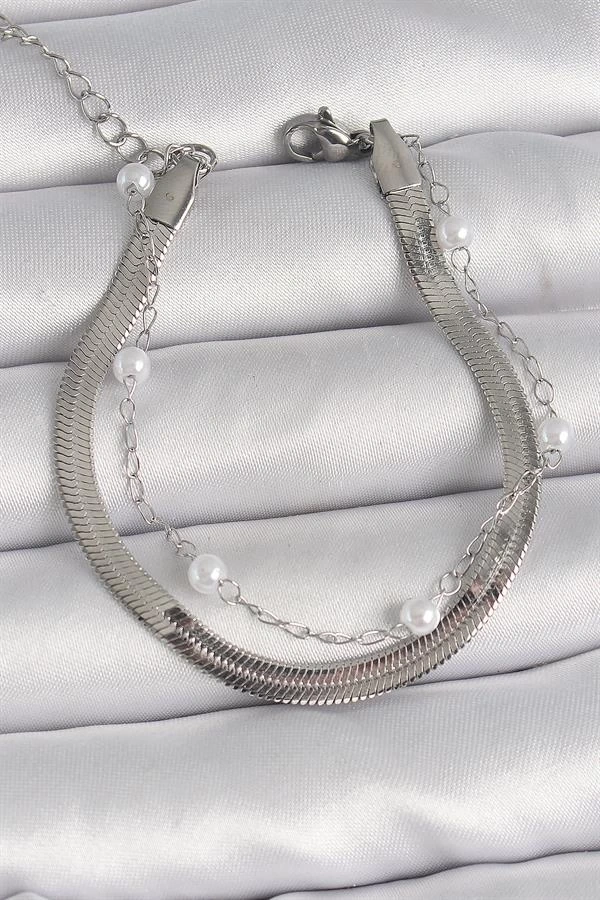 316L Çelik Gümüş Renk 2Li İtalyan Zincir İnci Detay Kadın Bileklik