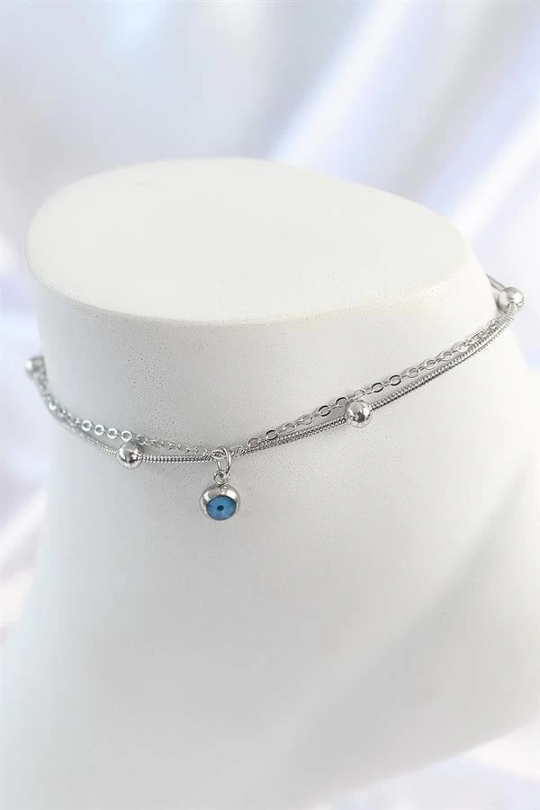 316L Çelik Gümüş Renk 2Li Zincir Model Nazar Boncuk Figür Kadın Halhal