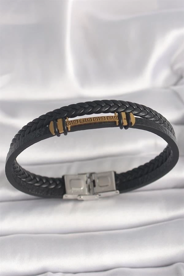 316L Çelik Gümüş Renk Aksesuarlı Çift Sıra Siyah Burgu Desen Deri Kordon Erkek Bileklik