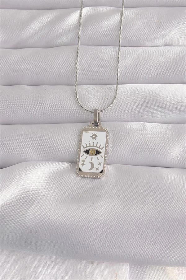 316L Çelik Gümüş Renk Beyaz Mineli Göz Figür Tarot Kolye
