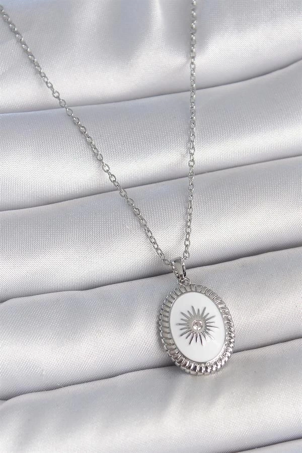 316L Çelik Gümüş Renk Beyaz Mineli Güneş İşlemeli Nazar Boncuk Detay Madalyon Model Kadın Kolye