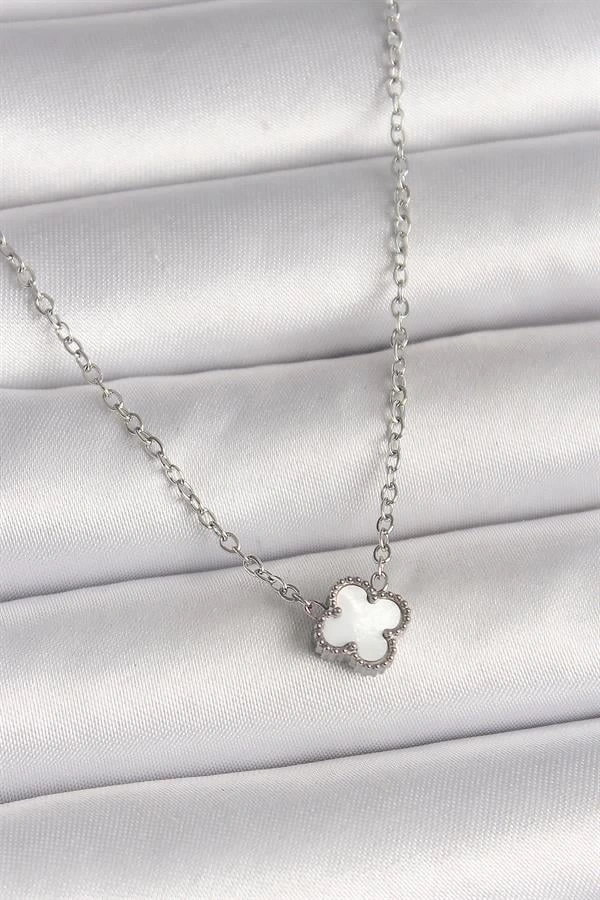 316L Çelik Gümüş Renk Beyaz Yonca Model Kadın Kolye