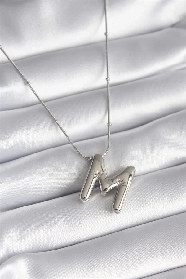 316L Çelik Gümüş Renk Bubble M Harf Model Kadın Kolye