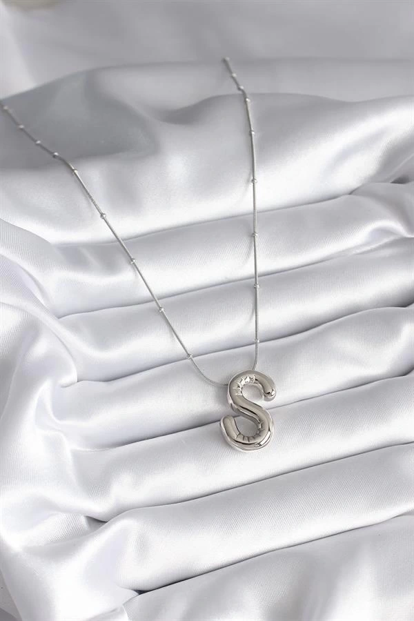 316L Çelik Gümüş Renk Bubble S Harf Model Kadın Kolye