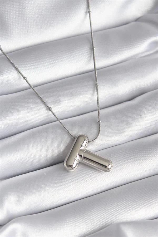 316L Çelik Gümüş Renk Bubble T Harf Model Kadın Kolye