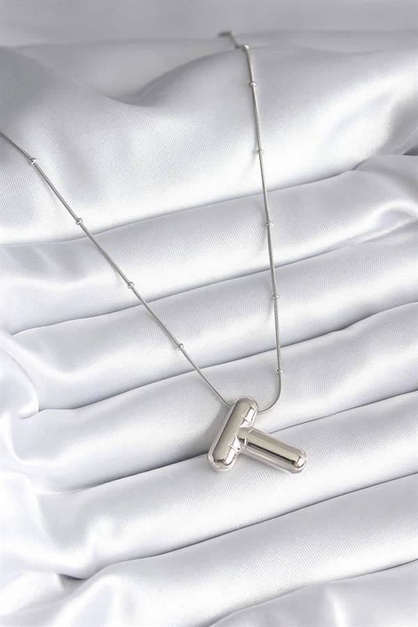 316L Çelik Gümüş Renk Bubble T Harf Model Kadın Kolye