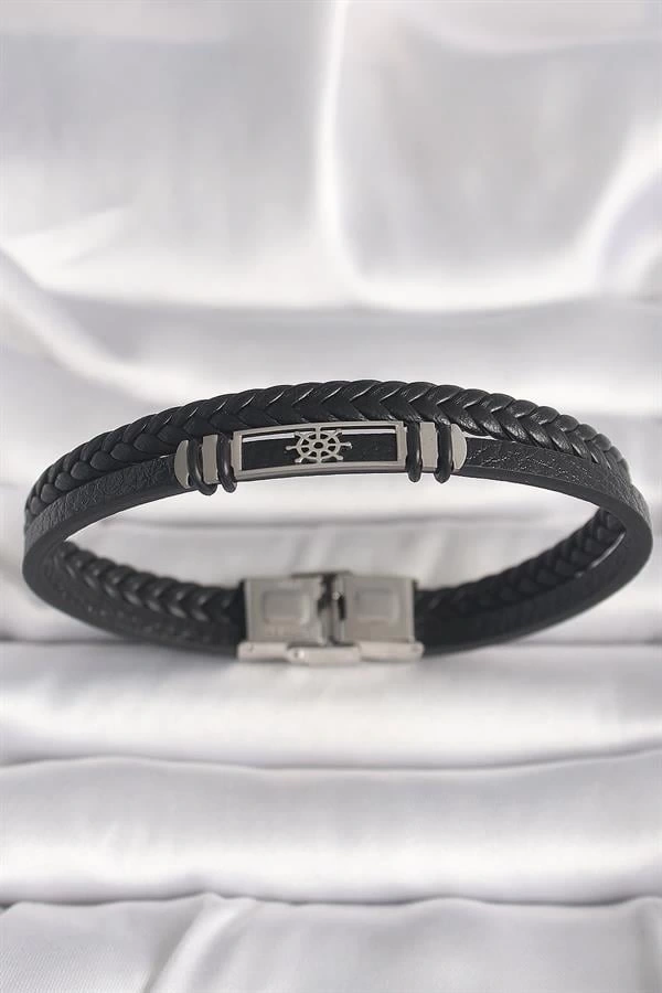316L Çelik Gümüş Renk Gemi Dümeni Figür Siyah Burgu Deri Kordon Model Erkek Bileklik