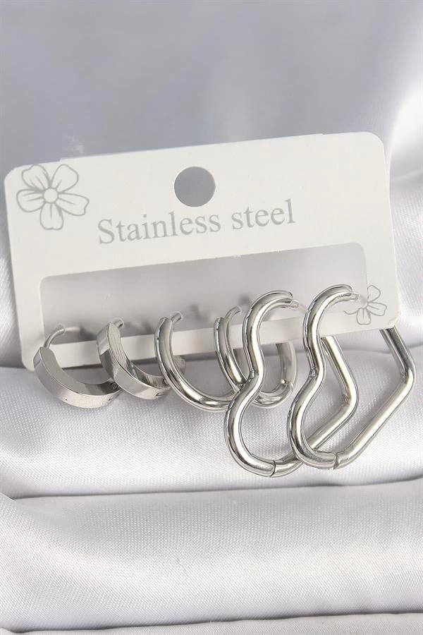 316L Çelik Gümüş Renk Halka Kalp Model Kadın Küpe Seti