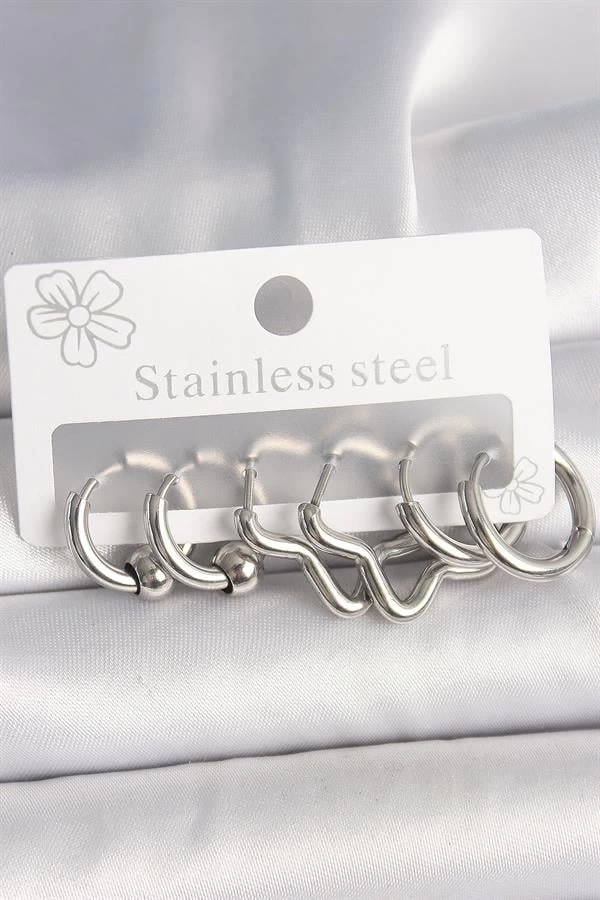 316L Çelik Gümüş Renk Halka Yıldız Model Kadın Küpe Seti