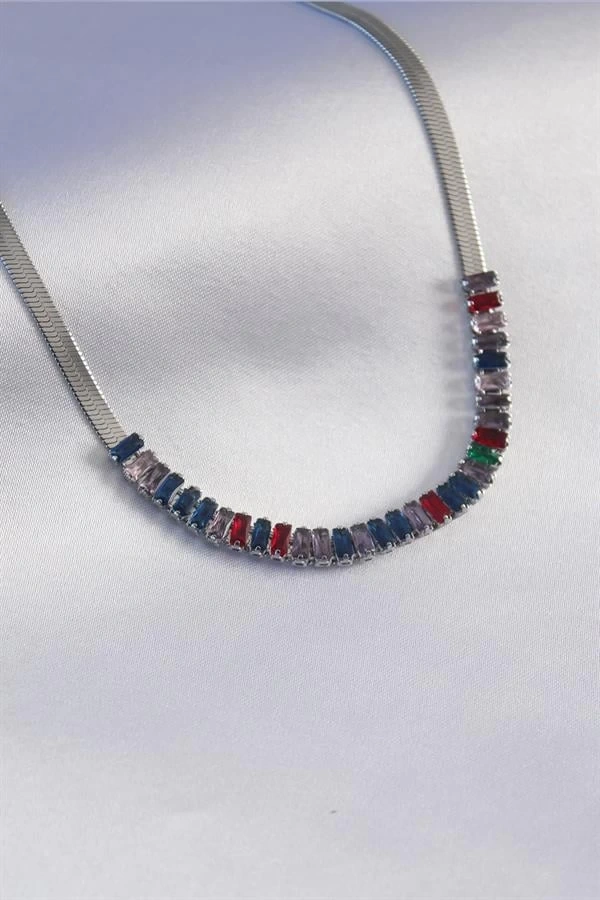 316L Çelik Gümüş Renk İtalyan Zincir Model Renkli Zirkon Taşlı Kadın Kolye