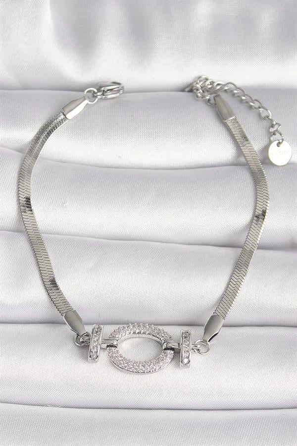 316L Çelik Gümüş Renk İtalyan Zincir Model Zirkon Taşlı Halka Figür Kadın Bileklik