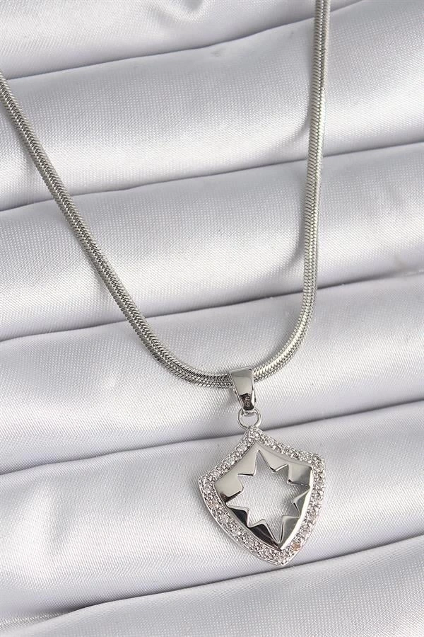 316L Çelik Gümüş Renk İtalyan Zincir Zirkon Taşlı Kutup Yıldızı İşleme Model Kadın Kolye