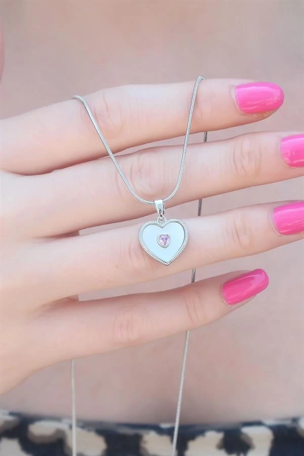 316L Çelik Gümüş Renk Kalp Model Pembe Kalp Zirkon Taş Detay Kadın Kolye