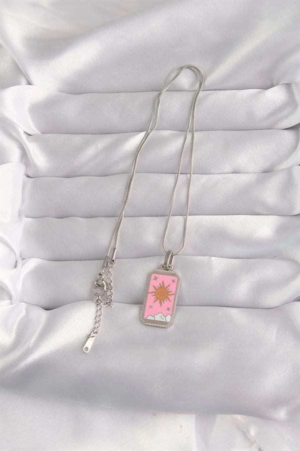 316L Çelik Gümüş Renk Pembe Mineli Güneş Model Tarot Kolye