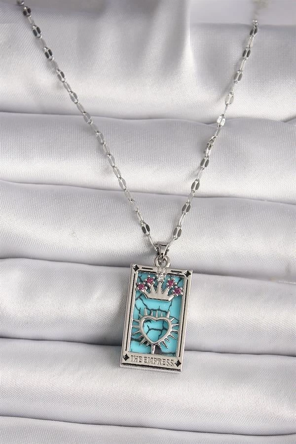 316L Çelik Gümüş Renk Pembe Zirkon Taşlı Taç Kalp Portre Model Kadın Kole