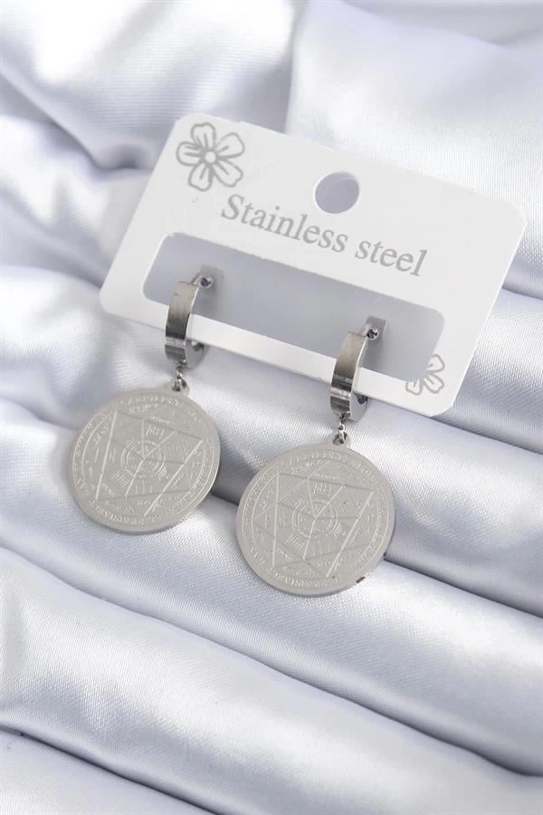 316L Çelik Gümüş Renk Pentagram İşleme Model Kadın Küpe