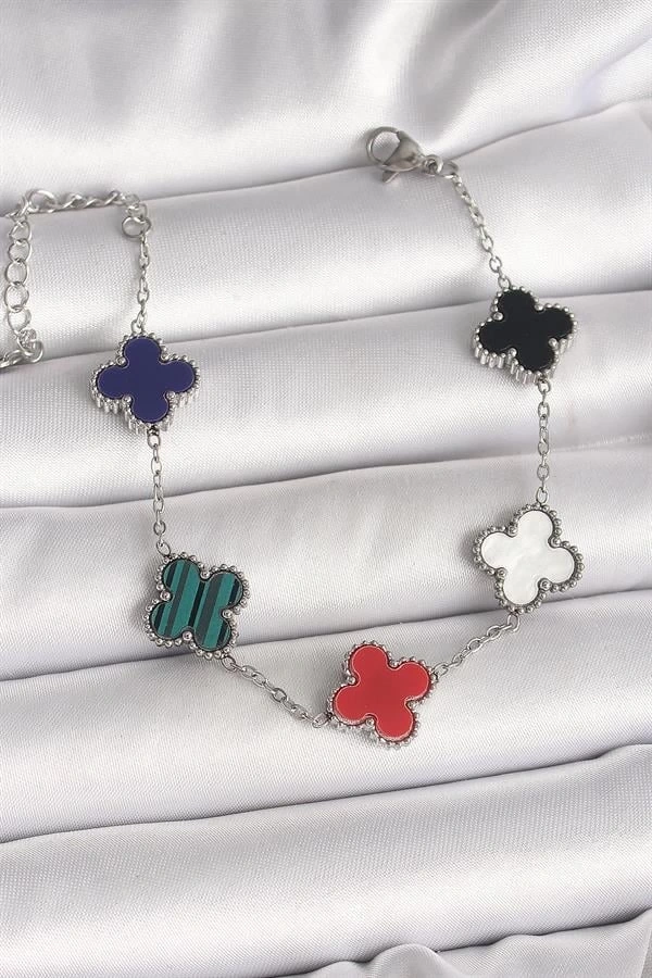 316L Çelik Gümüş Renk Renkli Yonca Model Kadın Bileklik