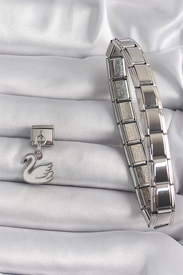 316L Çelik Gümüş Renk Sallantı Beyaz Kuğu Model Nomination Charm