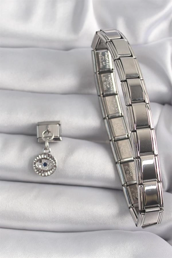 316L Çelik Gümüş Renk Sallantı Zirkon Taşlı Göz Model Nomination Charm