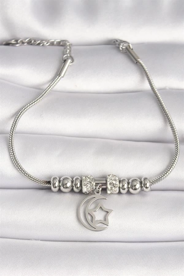 316L Çelik Gümüş Renk Tüp Zincir Zirkon Taş Detaylı Sallantı Ay Yıldız Figür Kadın Bileklik