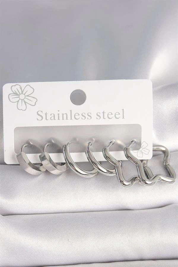 316L Çelik Gümüş Renk Yarım Halka Yıldız Model Kadın Küpe Seti