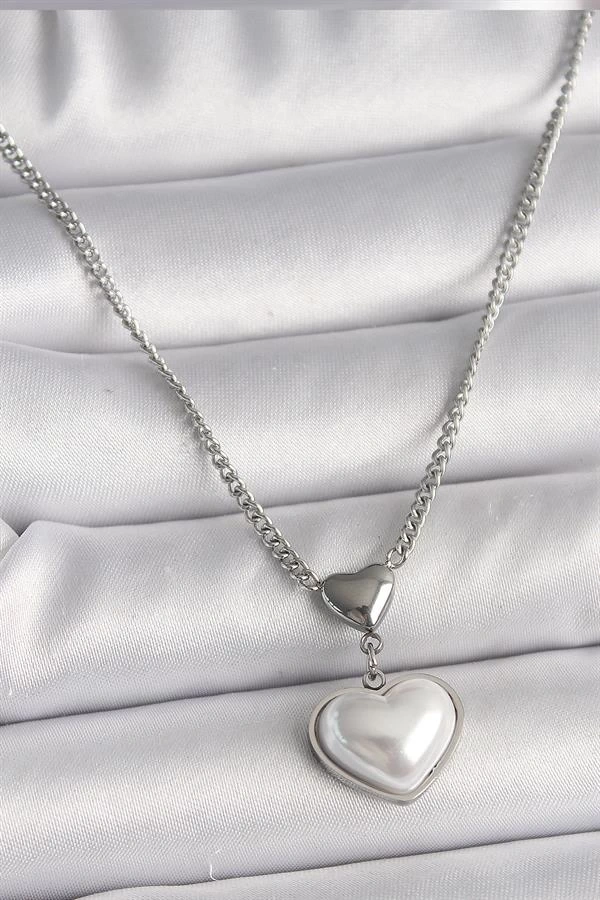 316L Çelik Gümüş Renk Zincir 3D Kalp Model Kadın Kolye