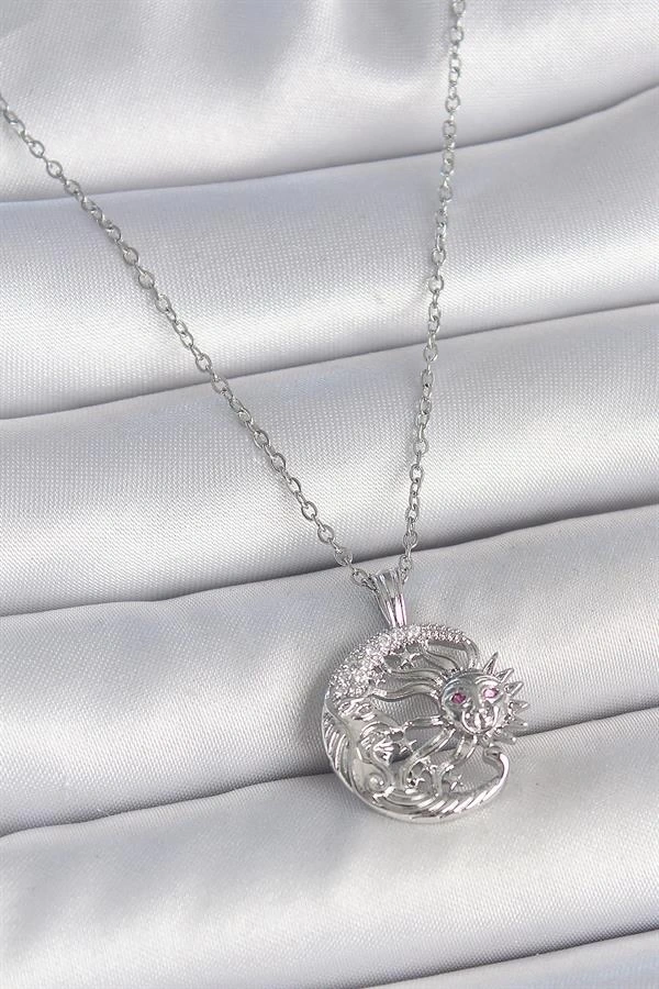 316L Çelik Gümüş Renk Zincir Ay Güneş Model Zirkon Taş Detay Kadın Kolye