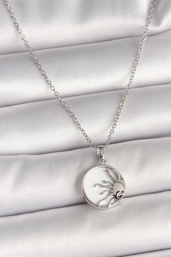 316L Çelik Gümüş Renk Zincir Beyaz Mineli Gün Batımı Model Kadın Kolye