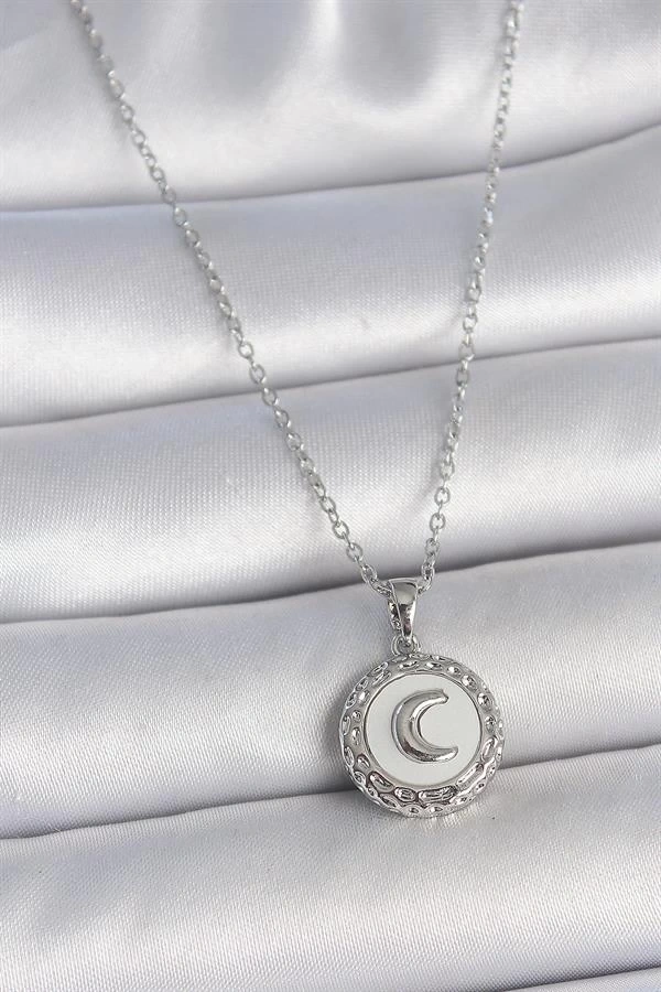 316L Çelik Gümüş Renk Zincir Beyaz Mineli Hilal İşlemeli Madalyon Model Kadın Kolye