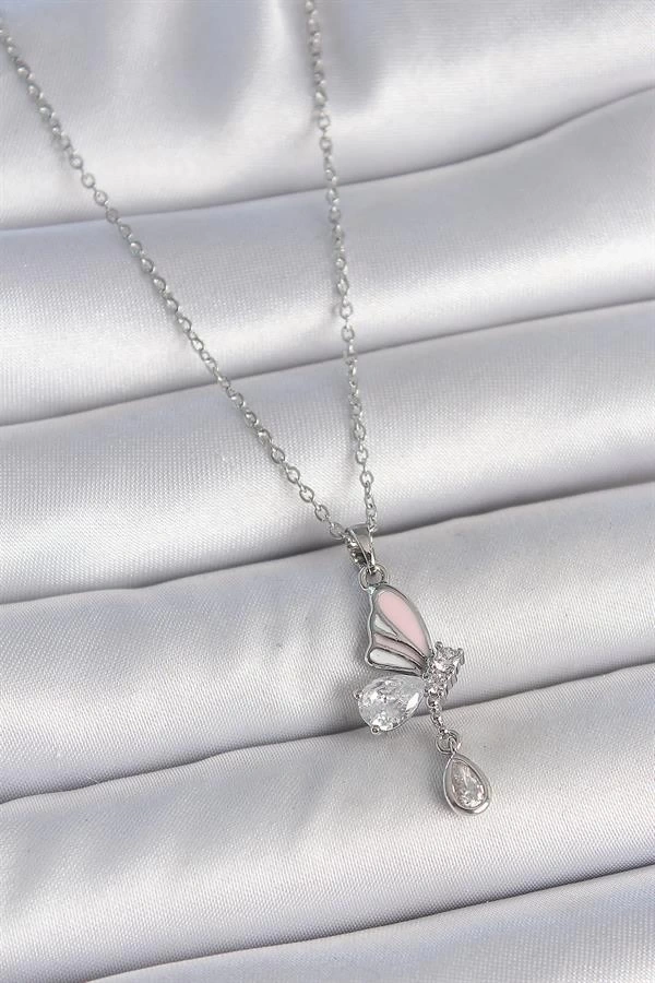 316L Çelik Gümüş Renk Zincir Damla Zirkon Taşlı Kelebek Model Sallantı Detay Kadın Kolye