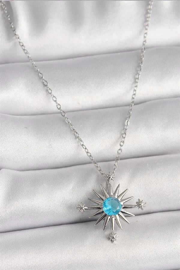 316L Çelik Gümüş Renk Zincir Mavi Taş Detaylı Kuzey Yıldızı Model Kadın Kolye