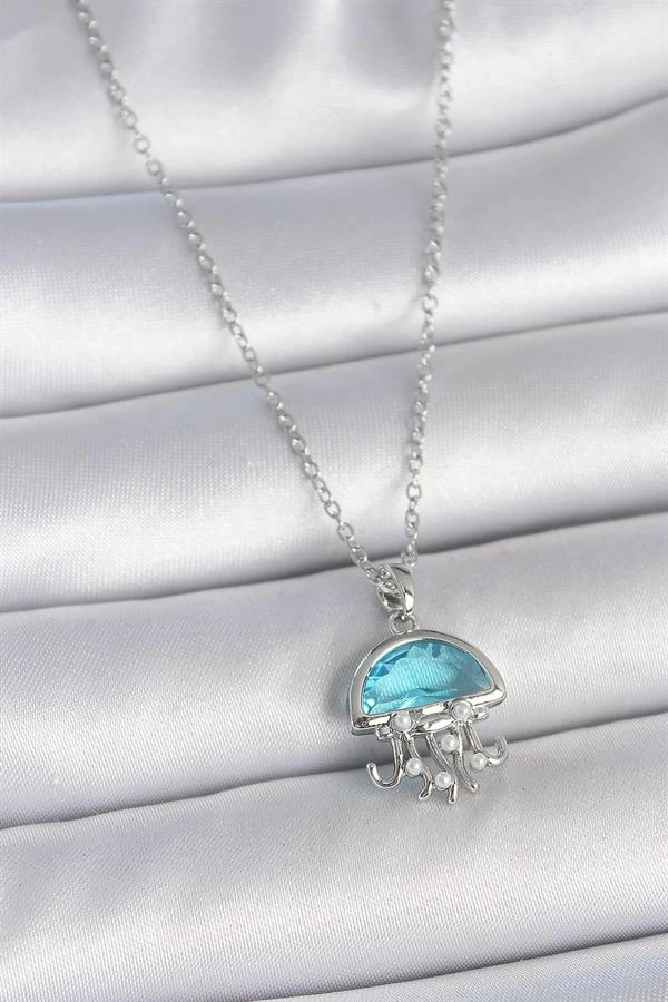 316L Çelik Gümüş Renk Zincir Mavi Taşlı Deniz Anası Model İnci Detay Kadın Kolye