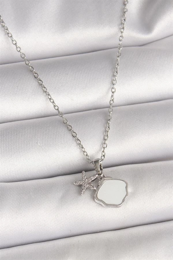 316L Çelik Gümüş Renk Zincir Sallantı Beyaz Mineli Deniz Kabuğu Zirkon Taşlı Deniz Yıldızı Figür Kadın Kolye