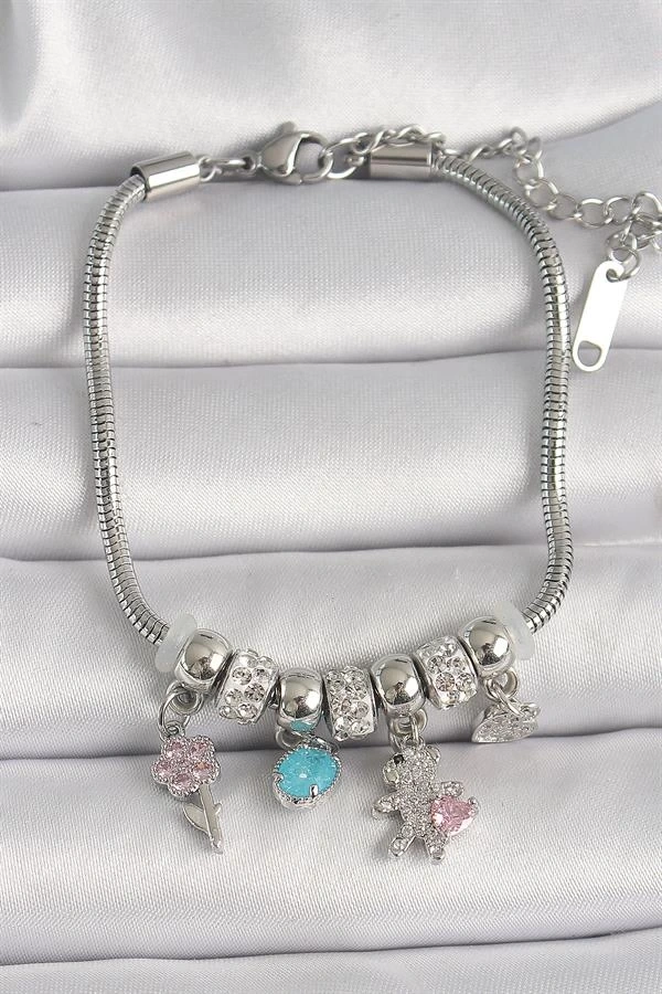 Pirinç Gümüş Renk Zincir Sallantı Zirkon Taşlı Ayıcık Figür Çiçek Detay Kadın Bileklik