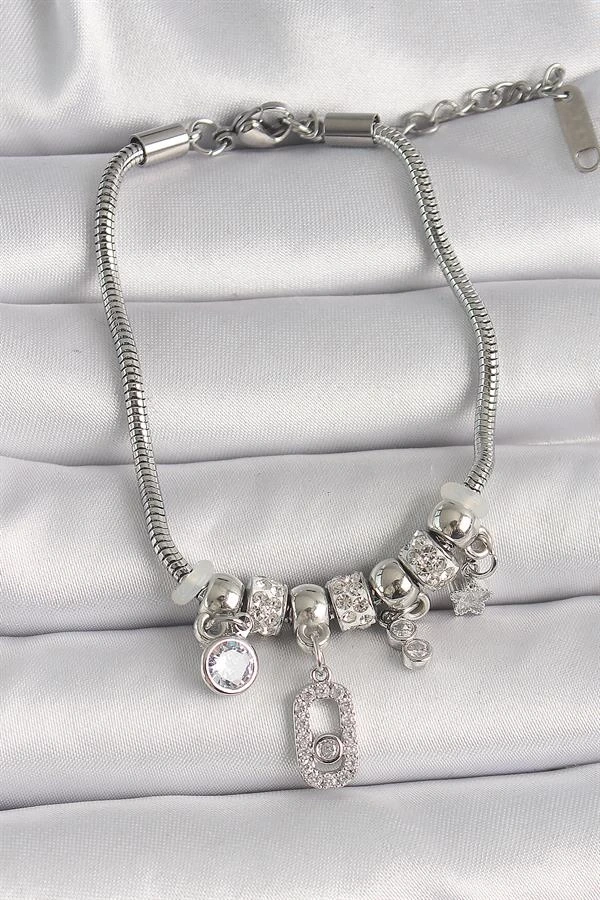 Pirinç Gümüş Renk Zincir Sallantı Zirkon Taşlı Messika Figür Yıldız Detay Kadın Bileklik