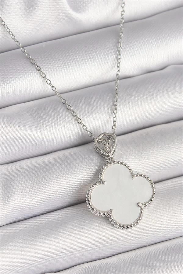 316L Çelik Gümüş Renk Zincir Zirkon Taş Detaylı Beyaz Yonca Model Kadın Kolye